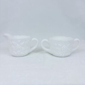 Vintage Westmoreland Milk Glass Leaf and Grapes Sugar Bowl Creamer Set